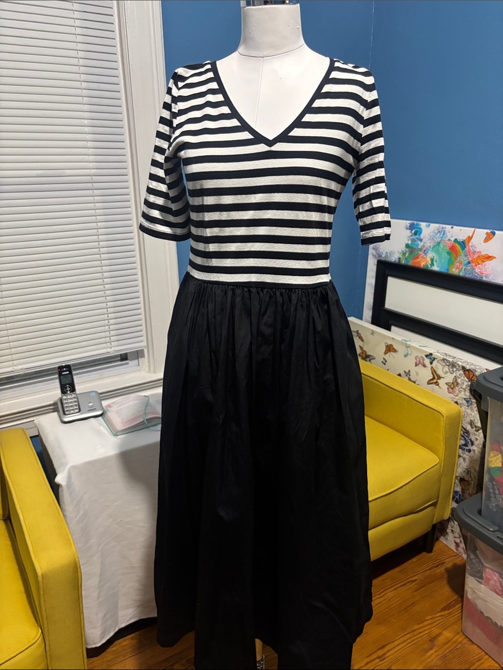 Nordstrom Black and White Striped V-Neck Midi Dress